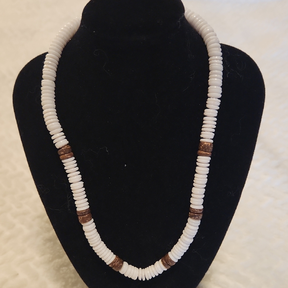 White Stone Beaded Necklace with Wood Brown Accents